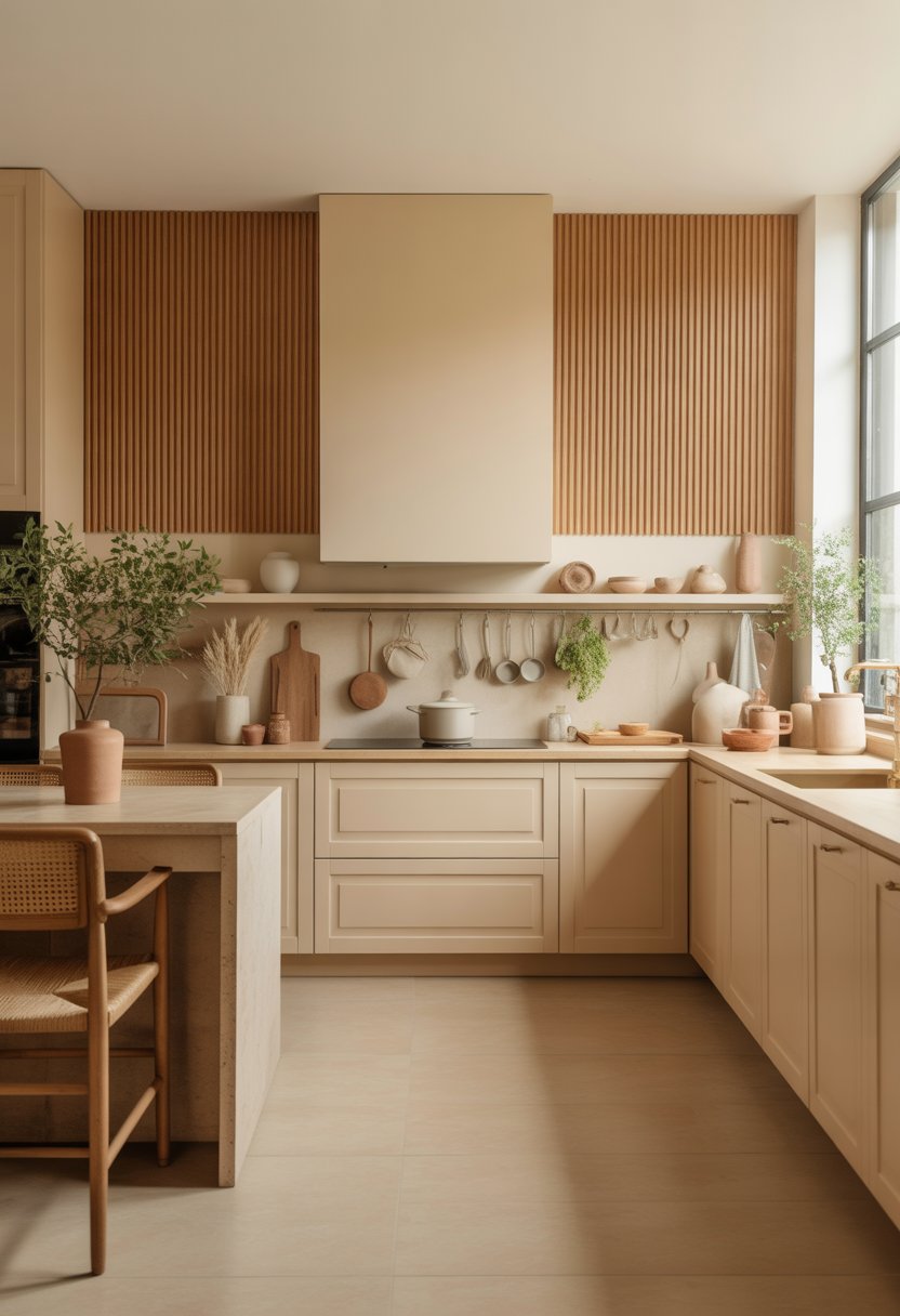 A modern kitchen with beige cabinets and vertical wooden slats on the walls, featuring natural light and simple decor.