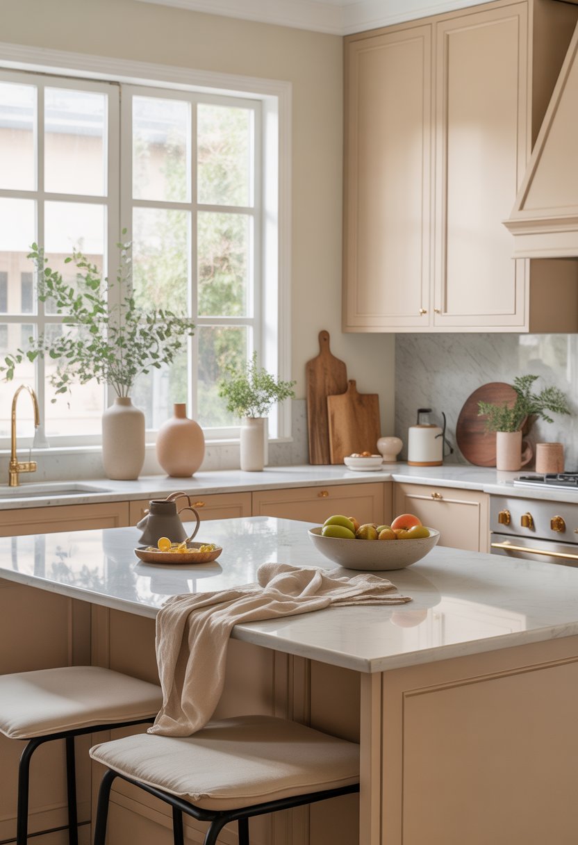 A bright kitchen with beige cabinets, a marble countertop, wooden accents, and natural light coming through large windows.