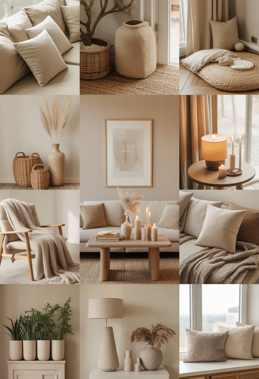A cozy living room with beige walls, a sofa with throw pillows, a wooden coffee table, woven baskets, plants, and soft natural light.