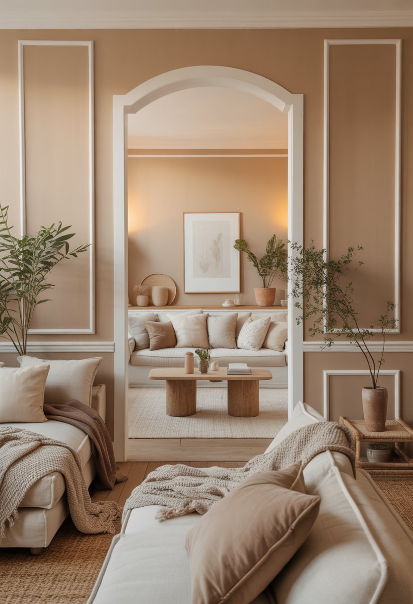 A cozy room with beige walls, white trim, comfortable seating, and natural decor elements.