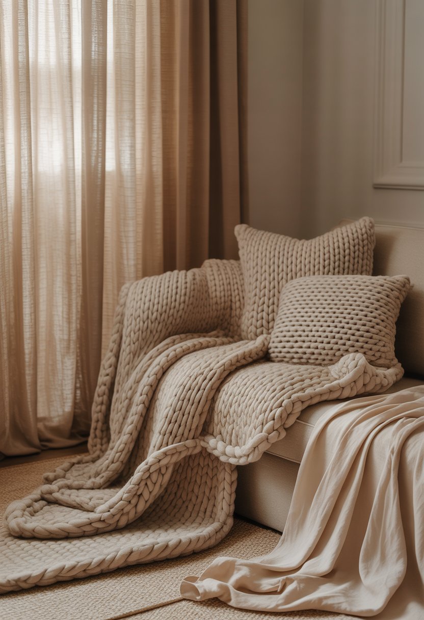 A cozy living room scene with beige chunky knit throws on a sofa and beige linen curtains letting in soft natural light.