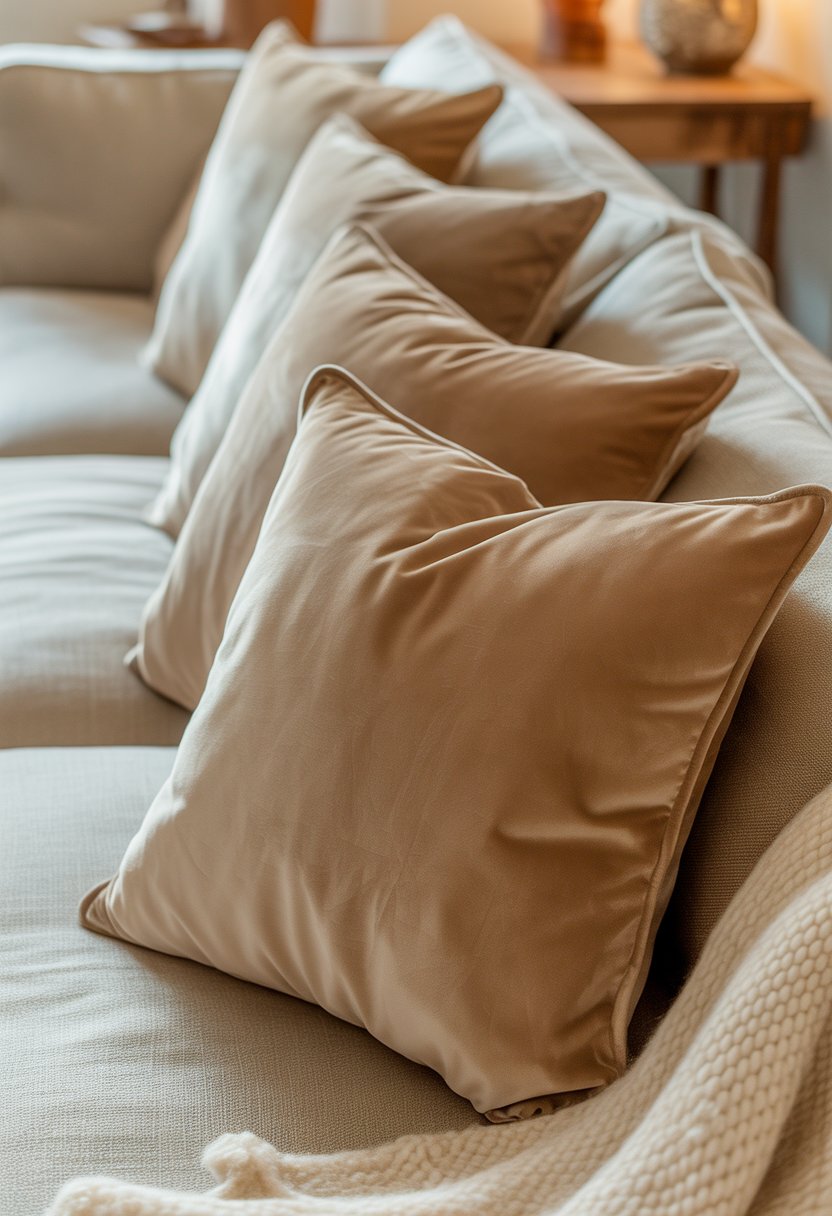 A sofa with beige velvet throw pillows arranged alongside a cream-colored blanket and a wooden coffee table in a warm, inviting living room.