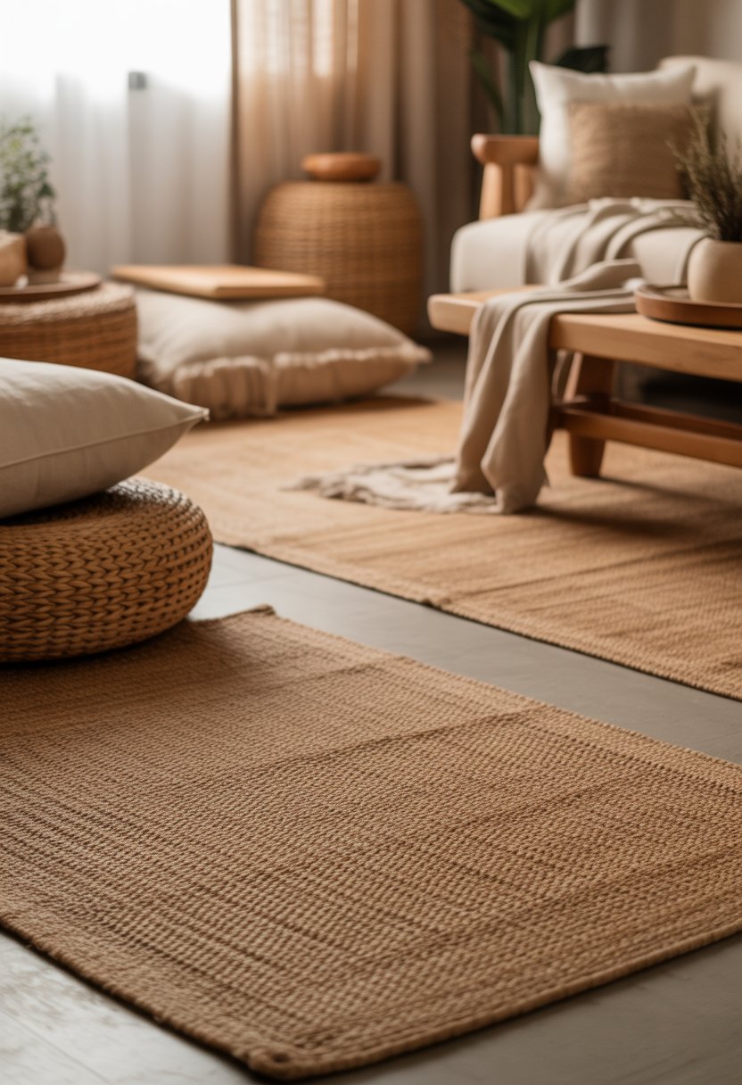 A cozy living room with natural woven rugs on the floor, beige furniture, wooden accents, and soft natural lighting.
