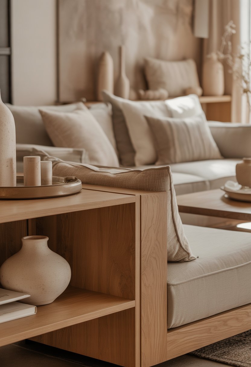 A cozy interior with light oak wood accents and beige decor including cushions, throws, and vases arranged on shelves and tables.