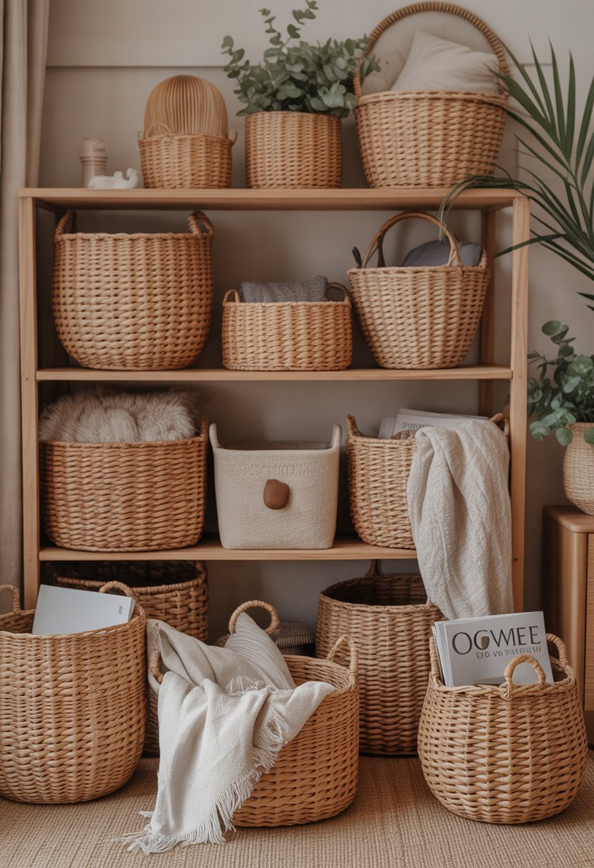 A collection of woven baskets used for storage and decoration arranged in a cozy room with wooden shelves, plants, and household items.