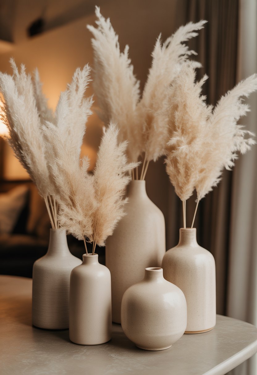 Beige ceramic vases filled with dried pampas grass arranged on a surface with soft lighting.