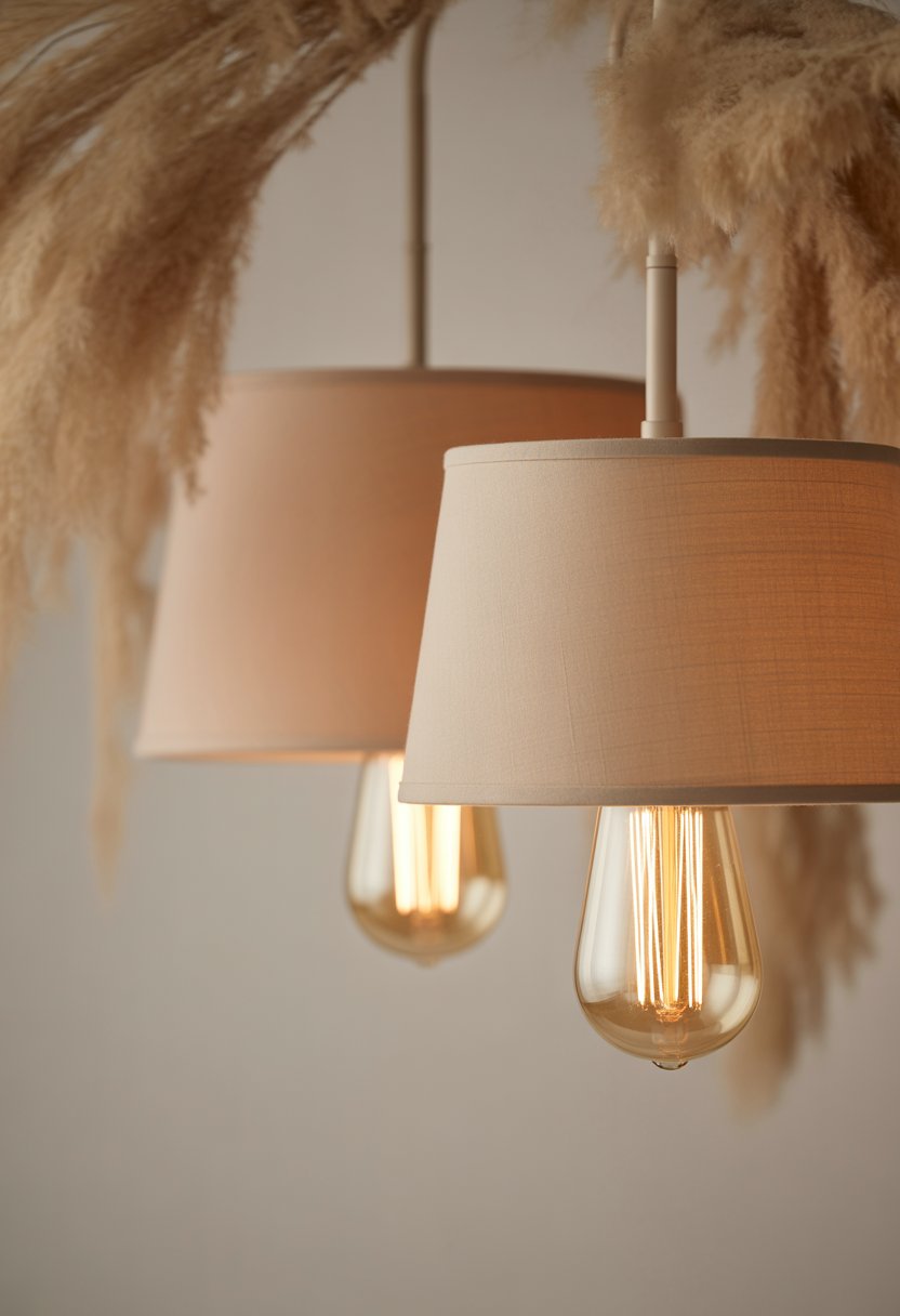 A close-up of beige lampshades with warm glowing Edison bulbs creating a cozy light.