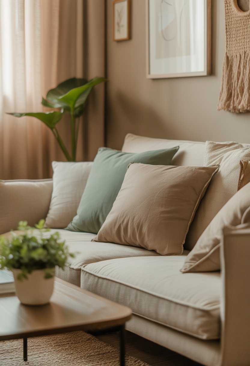 A cozy living room with a beige sofa, green cushions, a wooden coffee table with a potted plant, and soft natural light coming through sheer curtains.