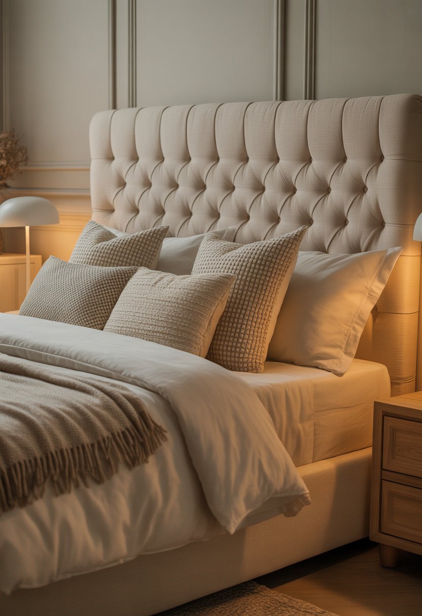 A cozy bedroom with a light beige tufted headboard, neatly made bed, and warm ambient lighting.