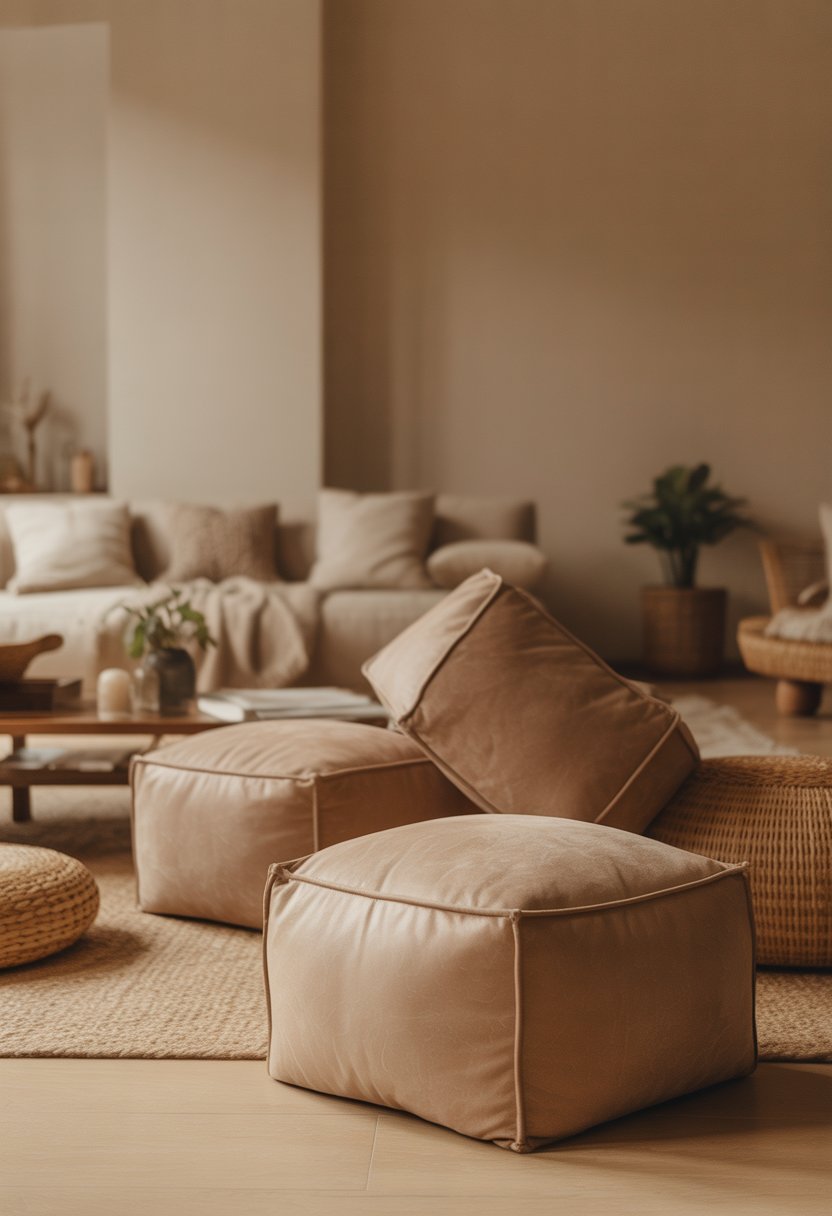 A cozy room with several beige suede poufs arranged for extra seating on a wooden floor, surrounded by simple decor and natural light.