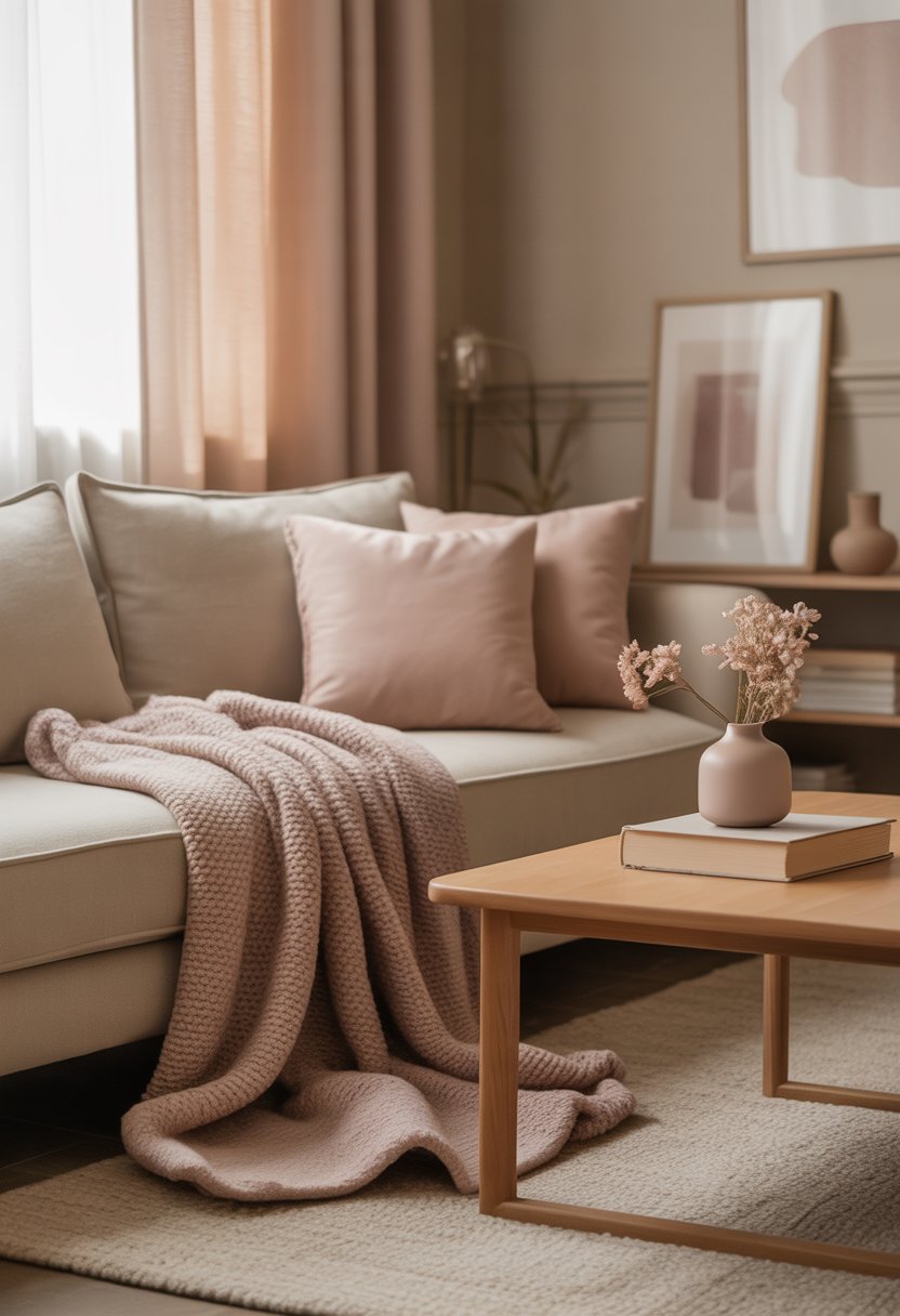 A cozy living room with a beige sofa, blush pink pillows and blanket, a wooden coffee table with flowers, and soft natural light.