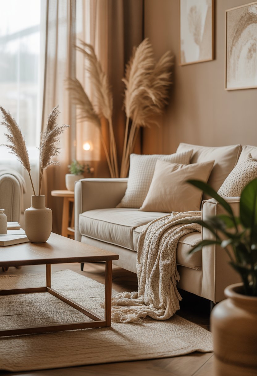 A cozy living room with a beige sofa, throw pillows, a wooden coffee table with a vase, plants, and soft natural light.