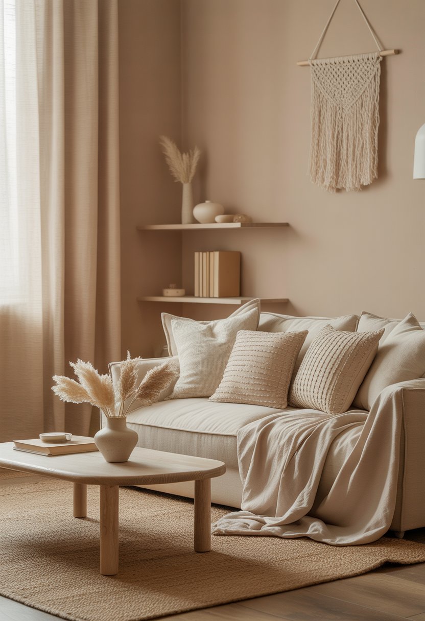 A calm living room with a beige sofa, wooden coffee table, dried plants, and soft natural light coming through curtains.