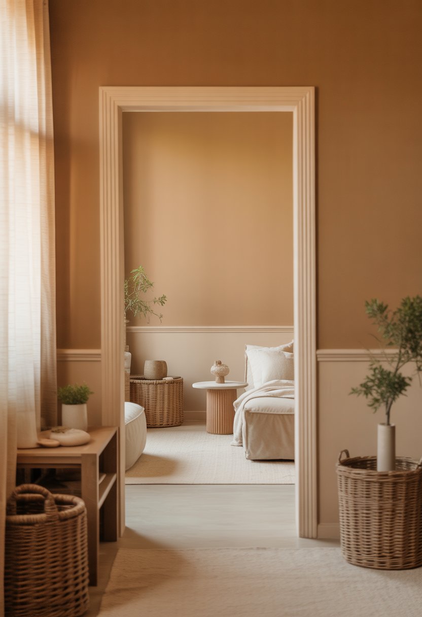 A cozy interior room with warm beige walls, creamy white trim, simple neutral furniture, and natural light.
