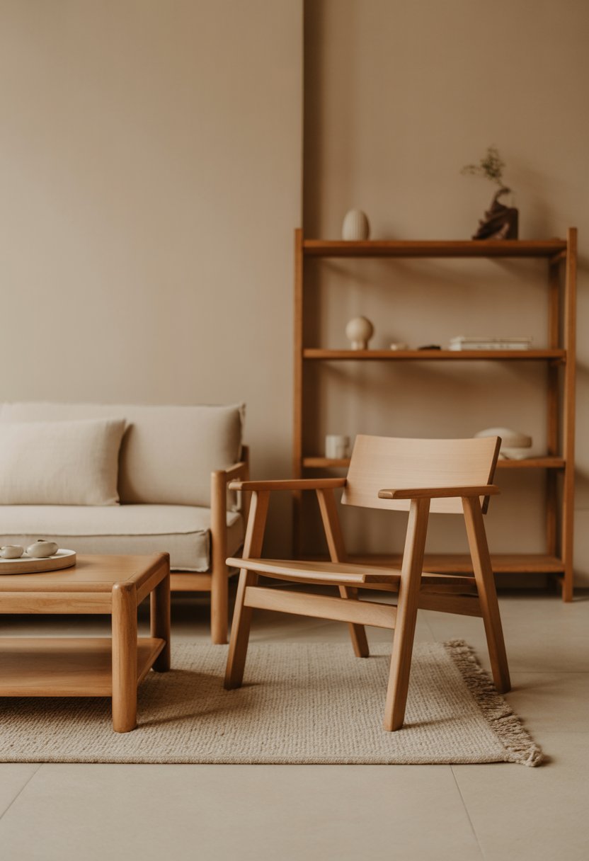 A calm room with natural wood furniture and beige walls, featuring a wooden coffee table, chair, shelving unit, a small plant, and a beige rug.