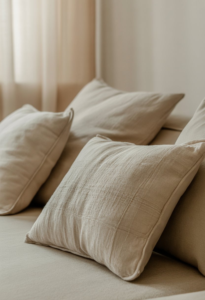A neutral-toned sofa with several textured beige throw pillows in a softly lit, calm living room.