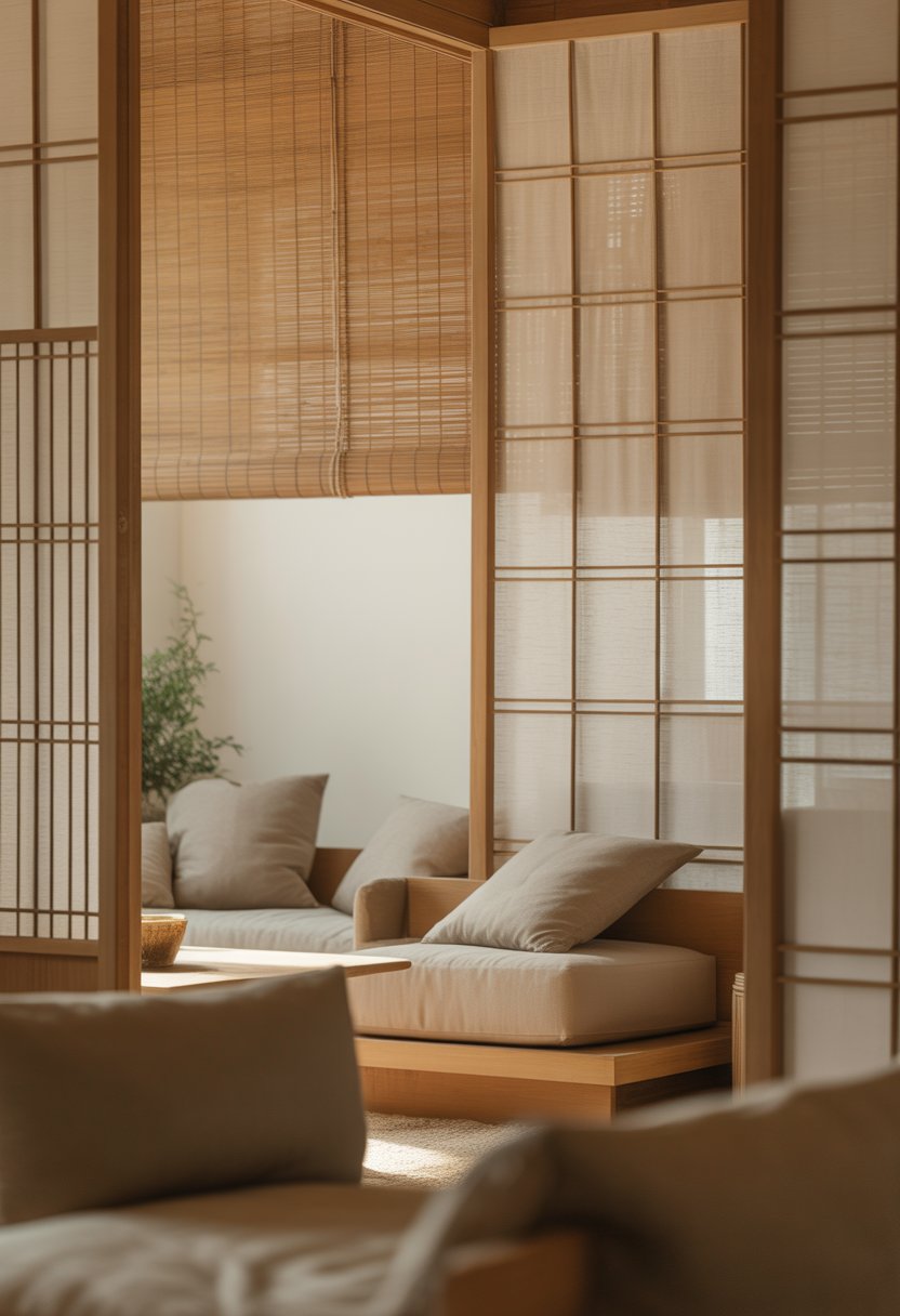 A calm, minimalist room with bamboo blinds, rice paper screens, neutral furniture, and a small potted plant.