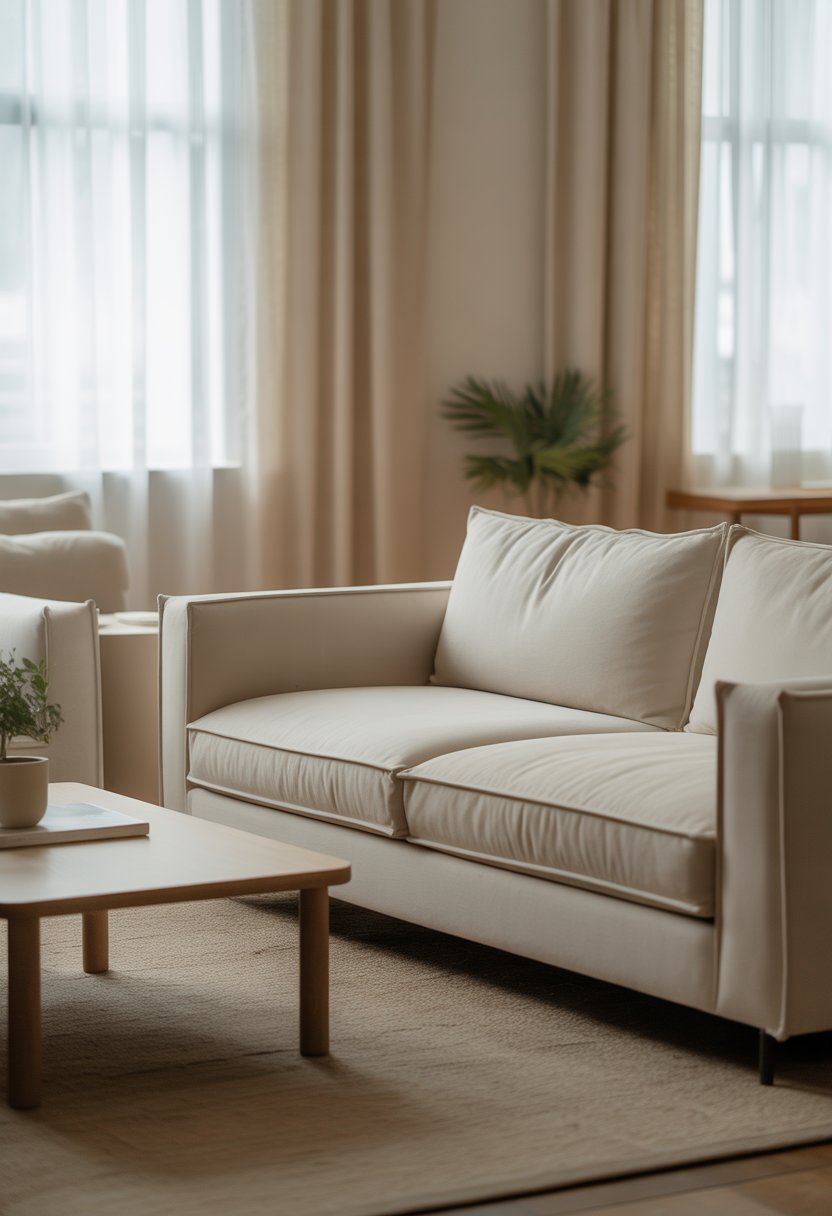 A calm living room with beige low-profile furniture, a wooden coffee table, and natural light coming through sheer curtains.