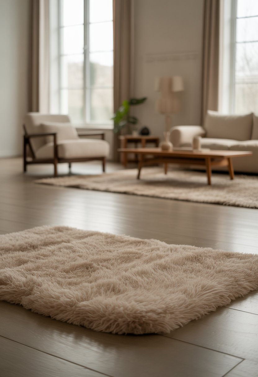 A calm room with plush beige rugs on hardwood floors, a cozy armchair, a small plant, and a wooden coffee table.