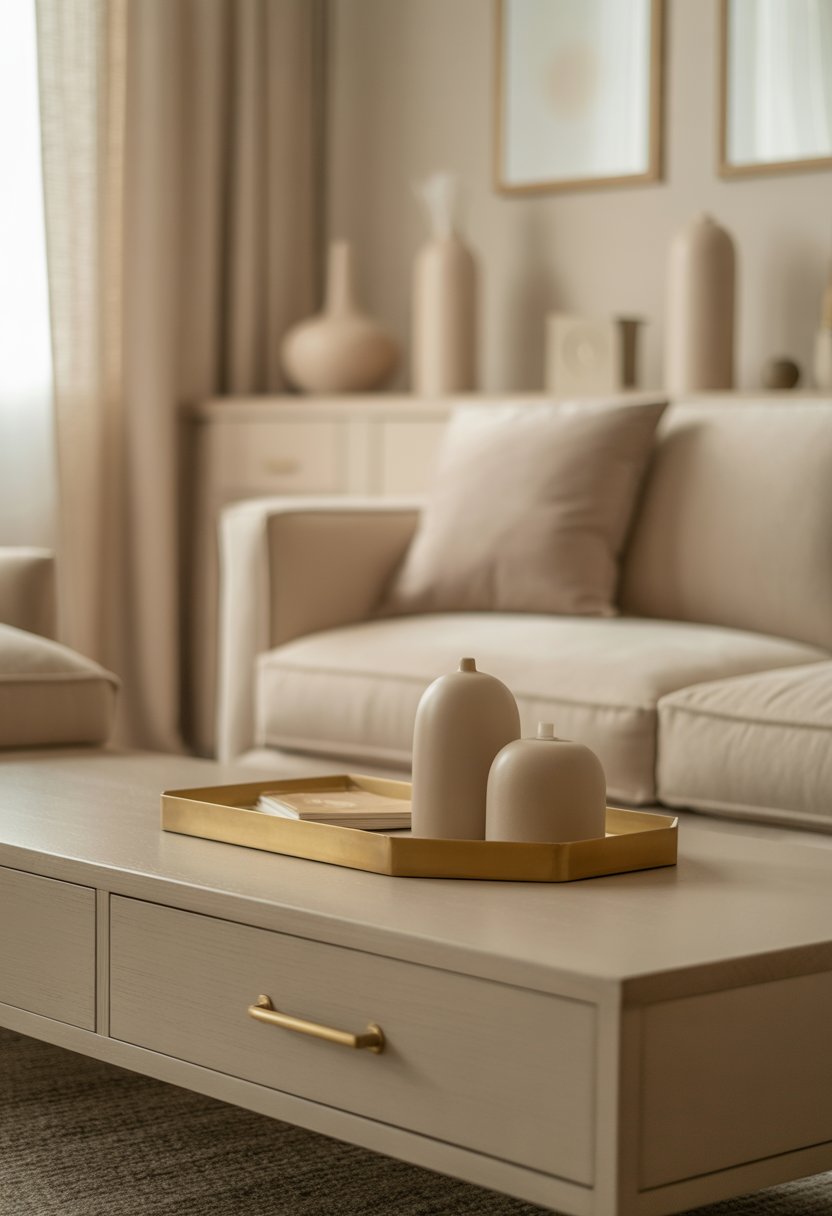 A calm beige living room with a sofa, wooden coffee table, and gold hardware accents under soft natural light.