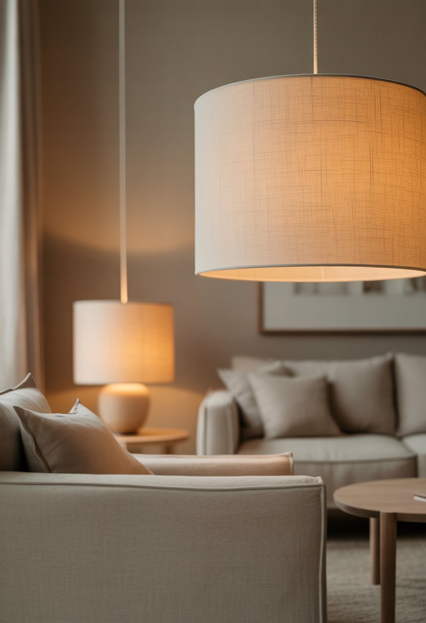 A softly lit living room with beige linen lampshades and simple, neutral-colored furniture.