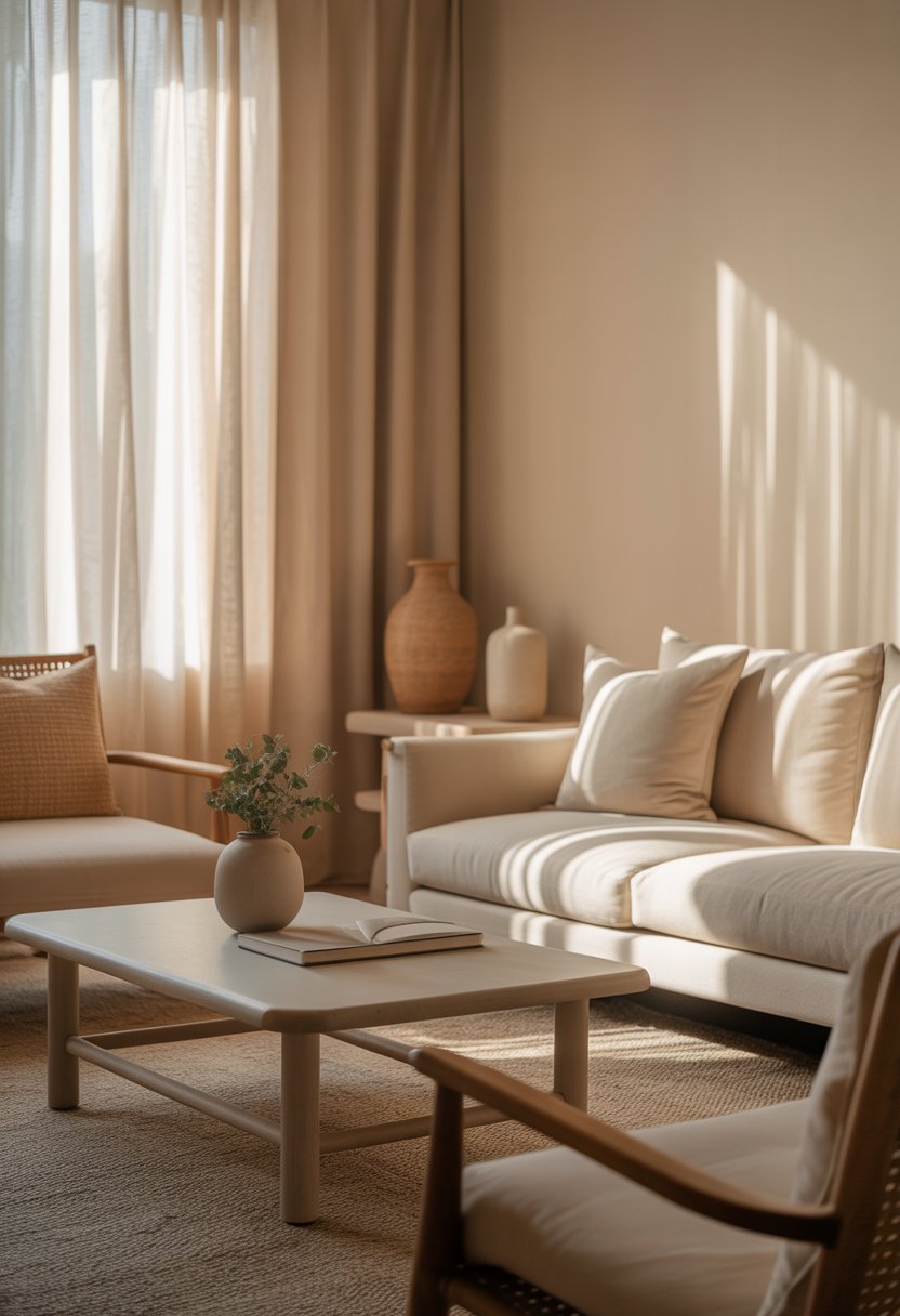 A calm living room with beige walls, a sofa, coffee table, and soft natural light creating a peaceful atmosphere.