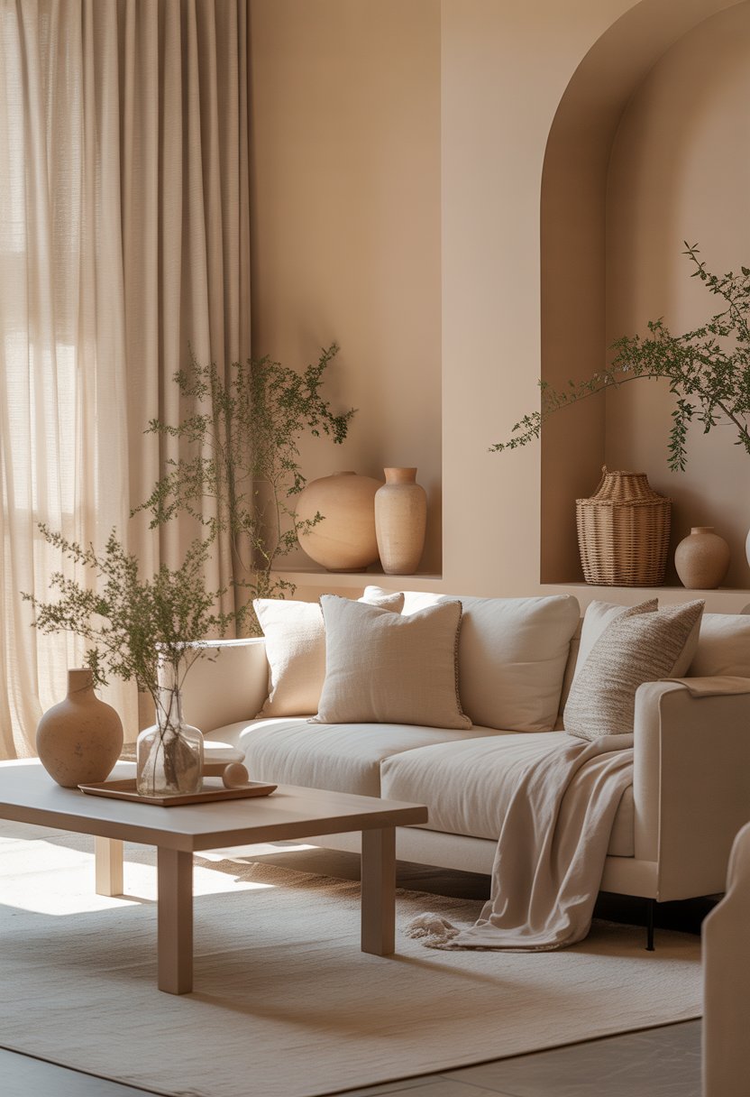 A bright living room with beige walls, a sofa, coffee table, plants, and decorative accents.