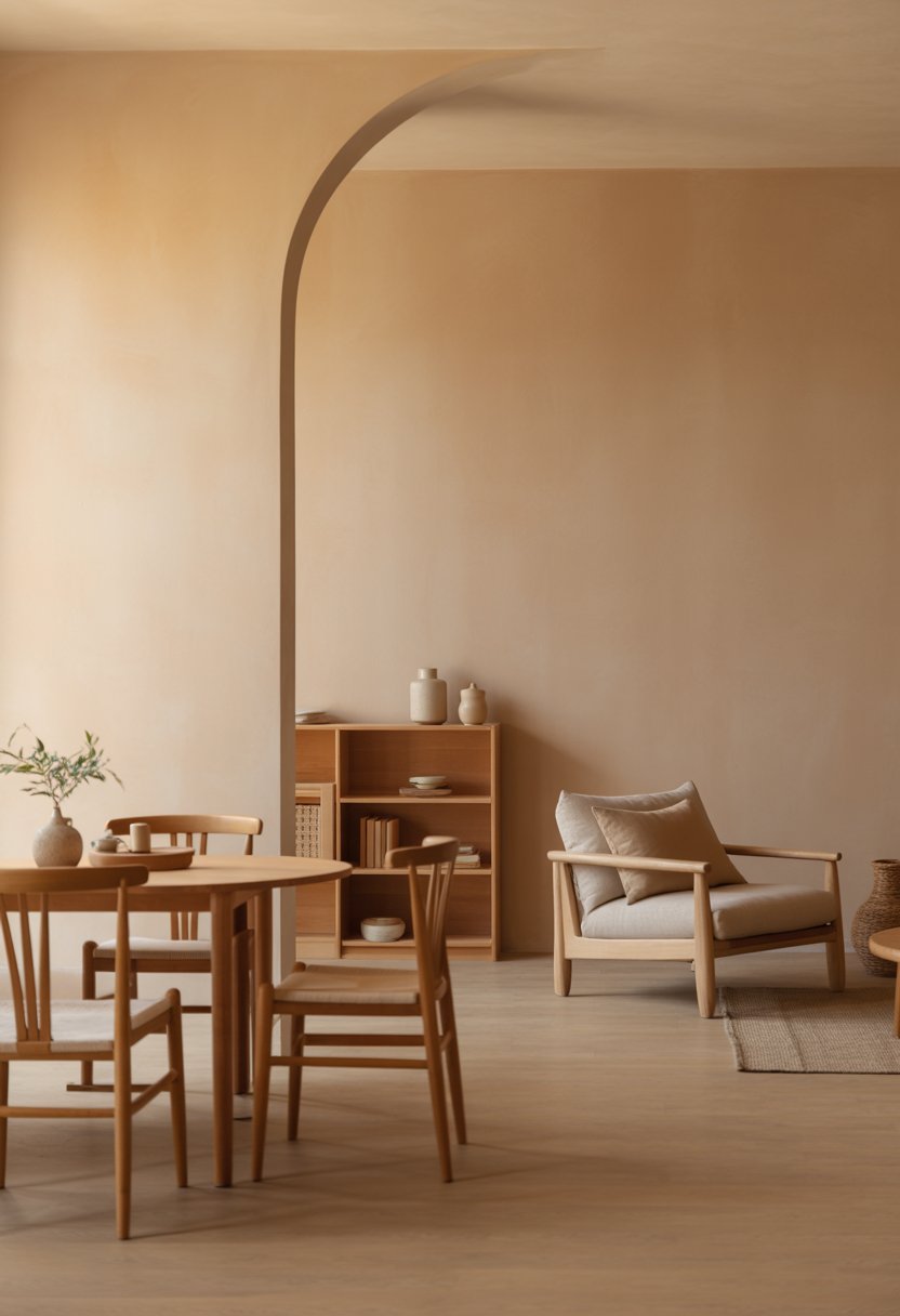 A room with beige walls, wooden furniture including a table, chairs, and a bookshelf, with natural light coming through a window.