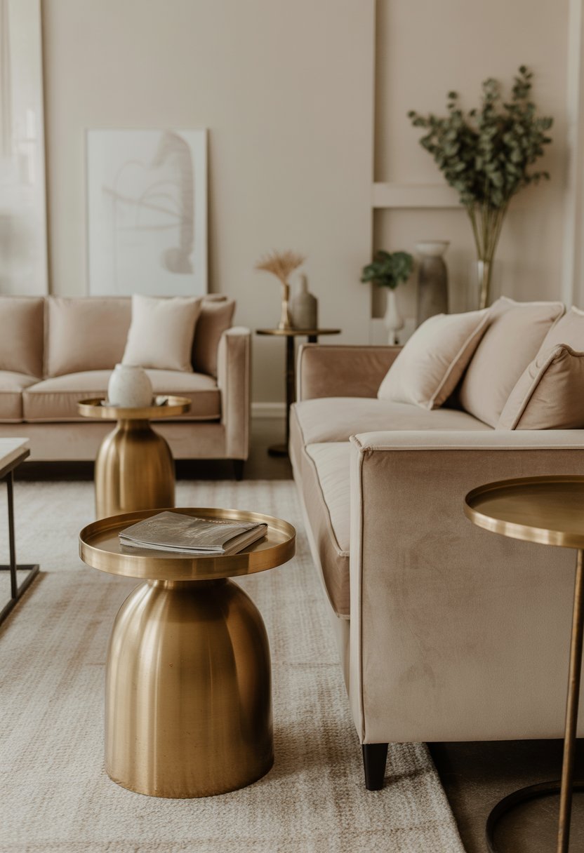 A living room with beige velvet sofas and brass accent tables arranged in a cozy and elegant setting.
