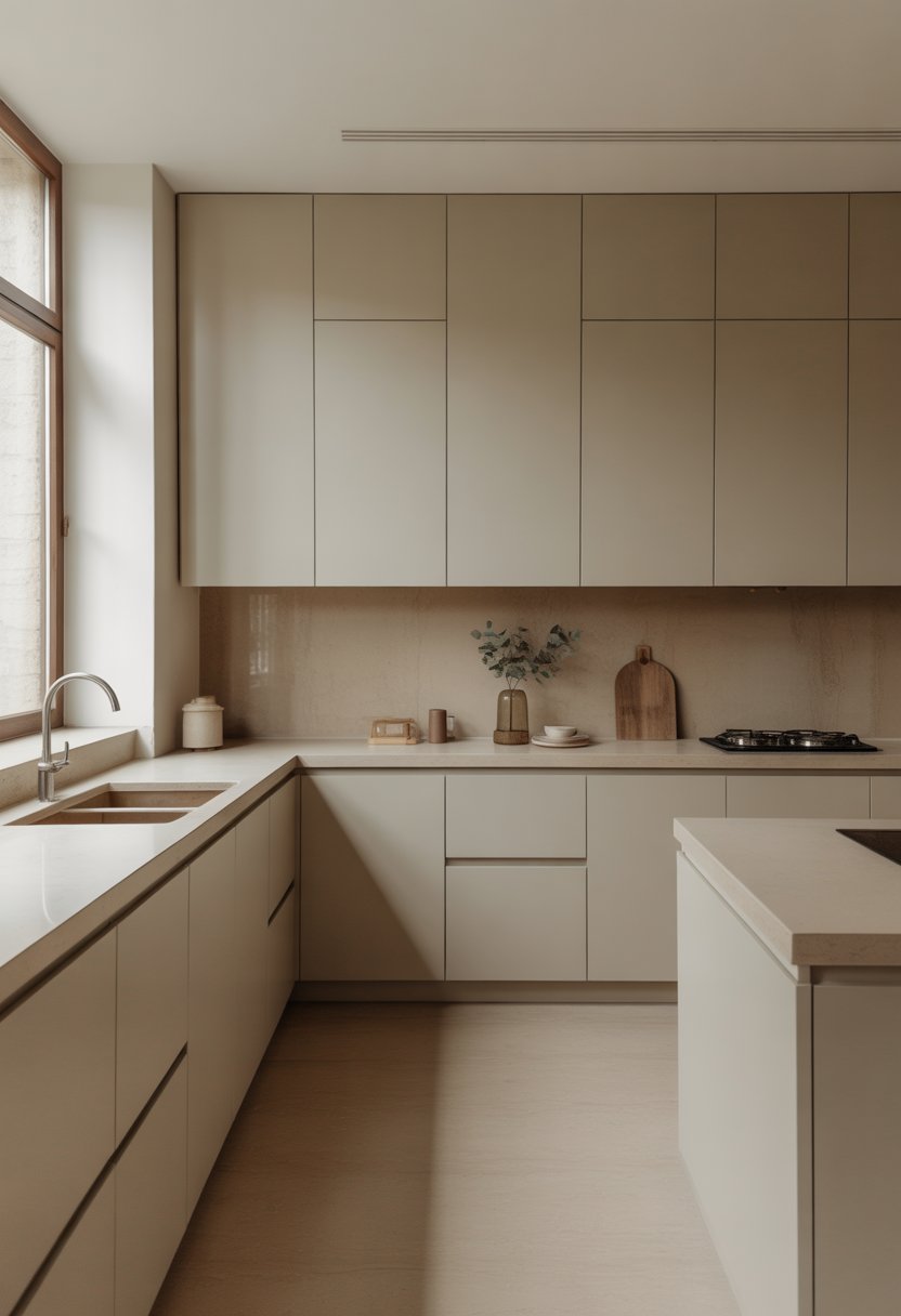 A bright kitchen with beige cabinets, smooth countertops, and natural light coming through large windows.