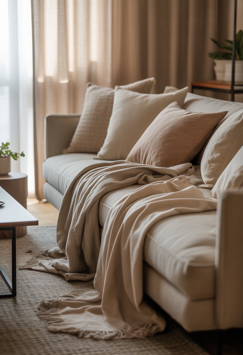 A sofa with layered beige throws and cushions in a softly lit living room with a wooden coffee table and a small plant.