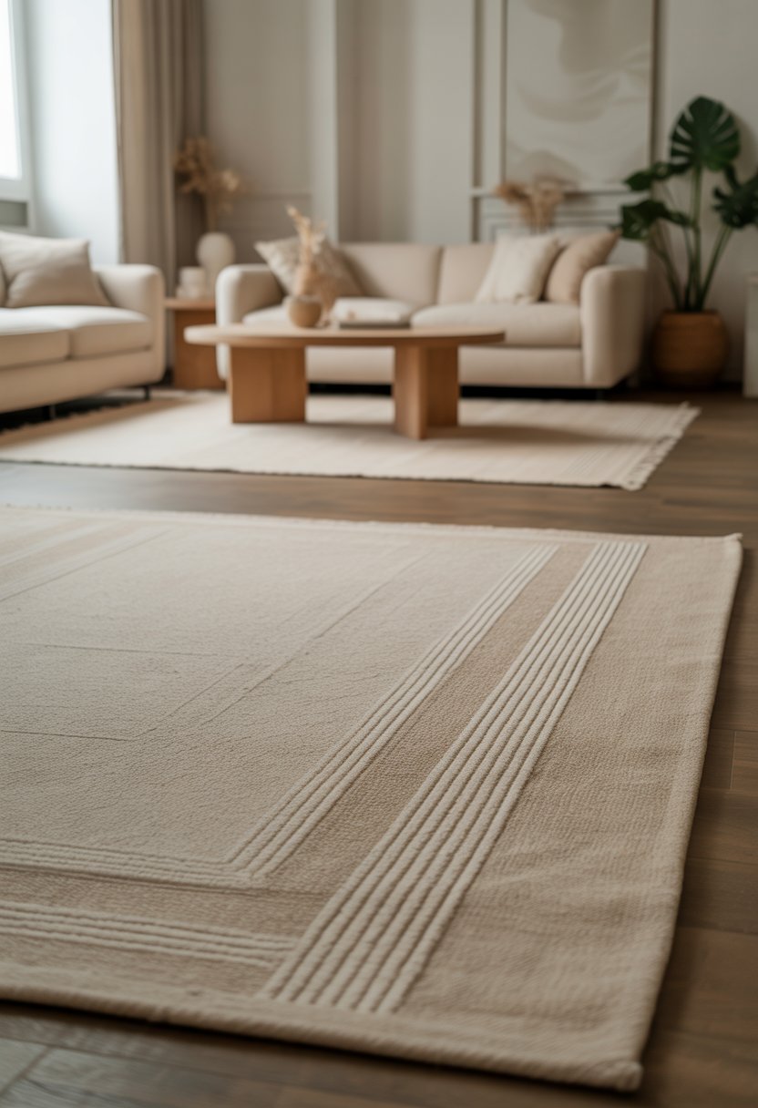 A cozy living room with beige rugs featuring subtle geometric patterns, a beige sofa, wooden coffee table, and potted plants.