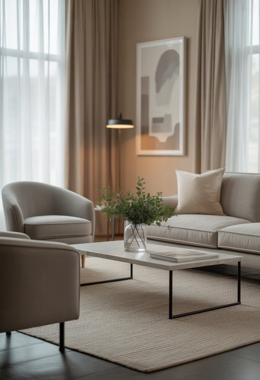 A bright living room with beige walls, gray sofa and chairs, a coffee table with a vase of green plants, and large windows letting in natural light.