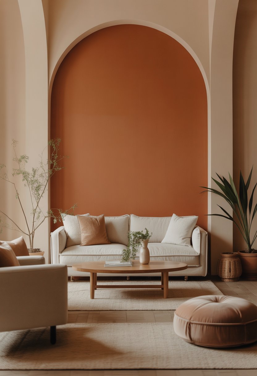 A modern living room with a warm terracotta accent wall and beige walls, furnished with a beige sofa, wooden coffee table, and indoor plants.