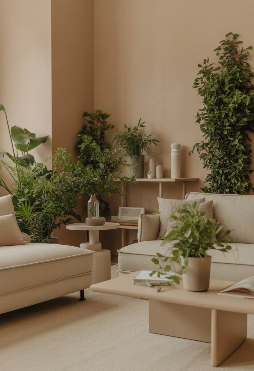 A beige room with several lush green indoor plants placed around simple furniture and shelves.