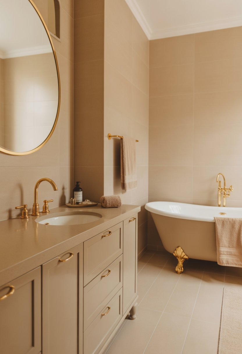 A beige bathroom with gold fixtures including a sink, mirror, bathtub, and towel rack.