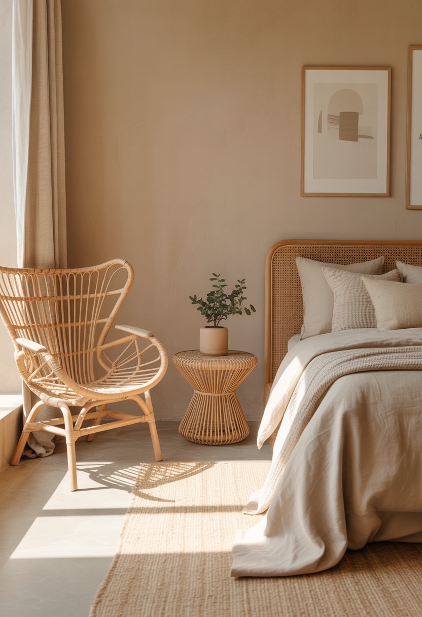 A beige bedroom with a bed, rattan chair, side table, and soft natural lighting.
