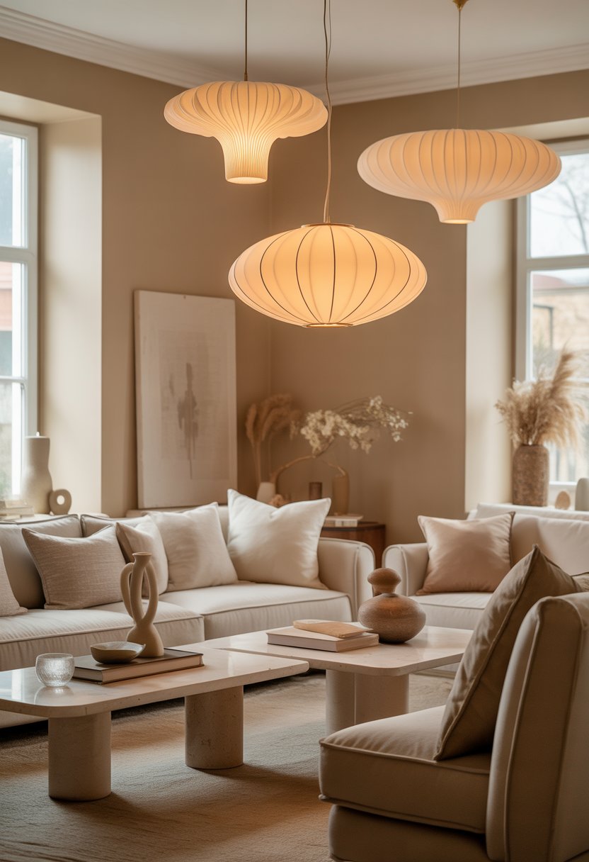 A beige living room with comfortable furniture and large statement lighting fixtures hanging from the ceiling.