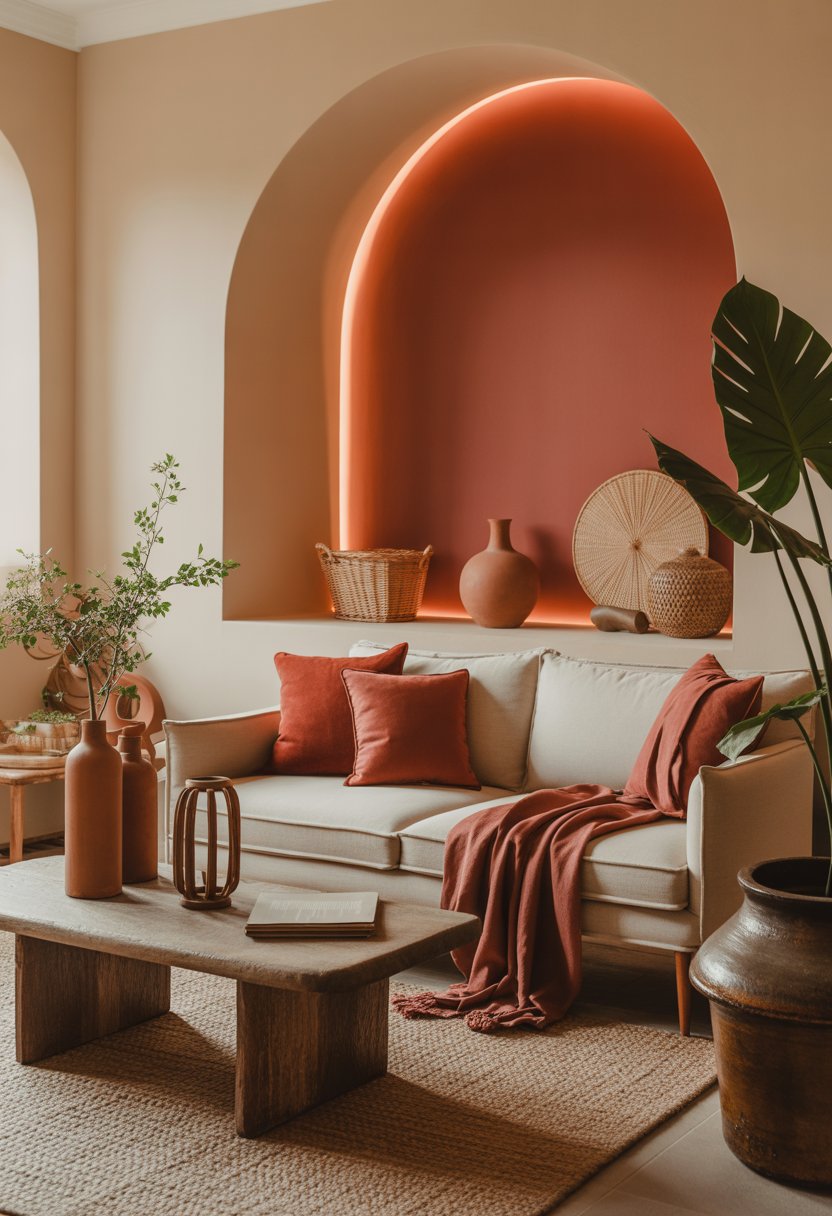 A cozy living room with a beige sofa, wooden coffee table, terracotta vases, and plants near large windows letting in natural light.