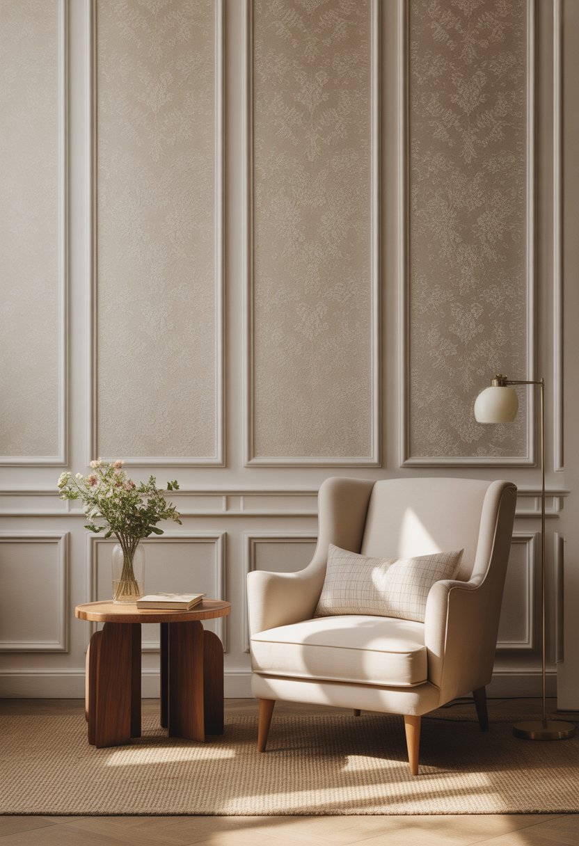 A cozy living room with beige patterned wallpaper, an armchair, a wooden side table with flowers, and a floor lamp.