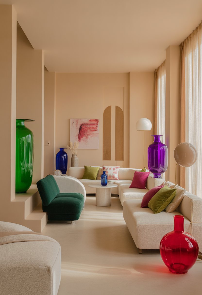 A well-lit interior room with beige walls and furniture, accented by colorful cushions and decorative objects in bright jewel tones.