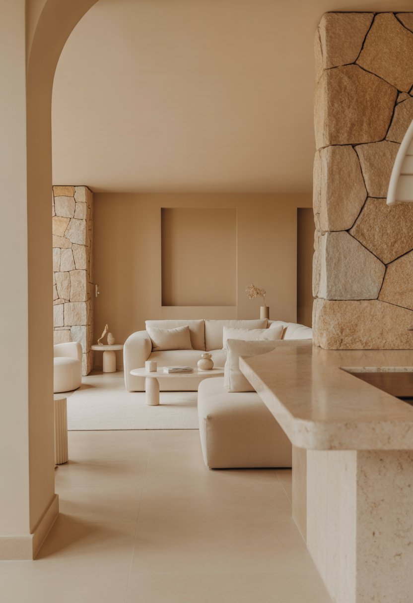 A beige interior room with natural stone walls and furniture, softly lit and neatly arranged.