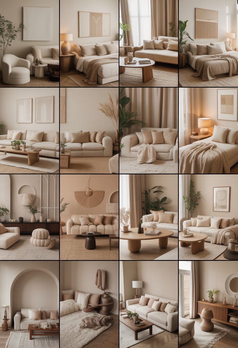 A collection of elegant beige-toned interior rooms with furniture, soft fabrics, plants, and natural light creating a calm and inviting atmosphere.
