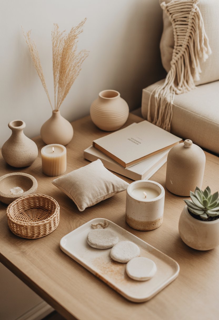 A collection of small beige decor items arranged on a wooden surface, including vases, candles, baskets, books, dried grass, a cushion, coasters, a tray, a succulent, and a wall hanging.