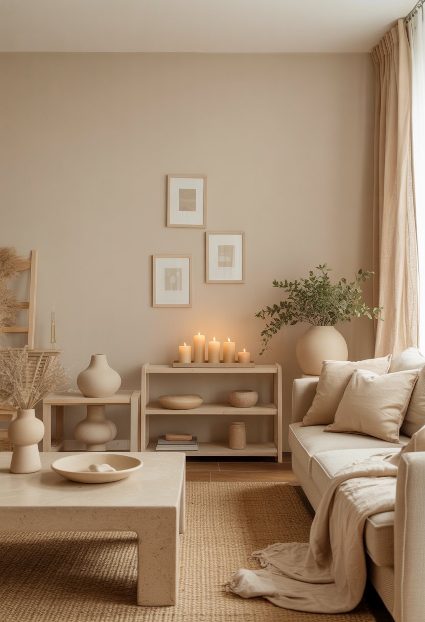 A bright room with light beige walls and various beige decorative items including vases, pillows, a rug, furniture, artwork, curtains, plants, candles, and a blanket.