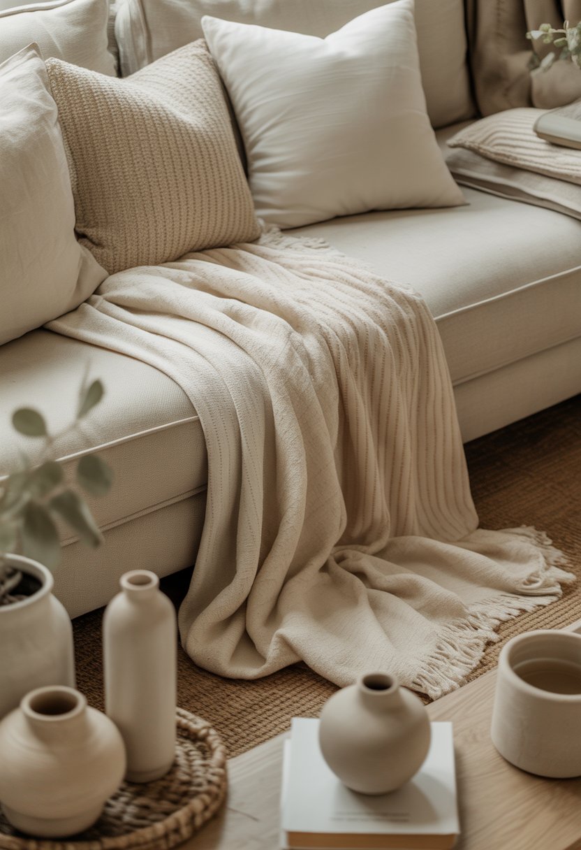 A cozy living room corner with cream throws and pillows on a beige sofa, surrounded by small beige decorative items and plants.