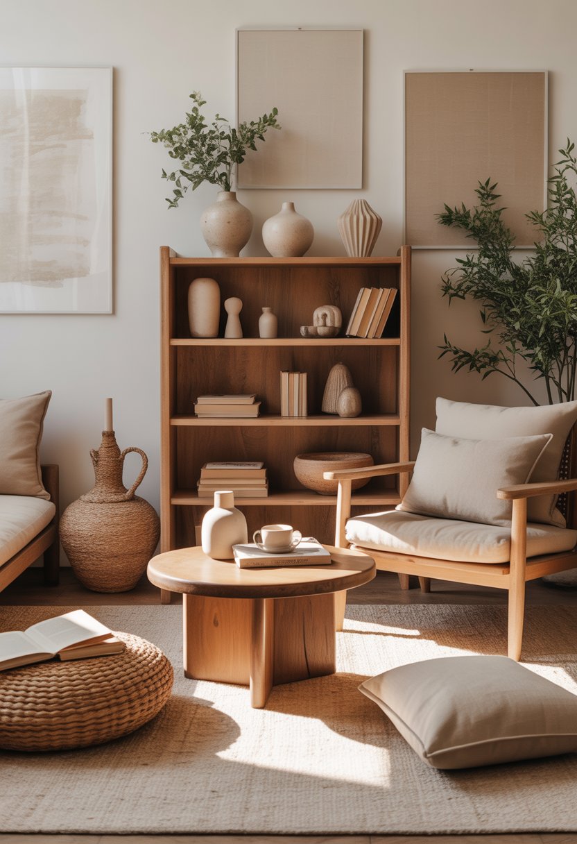 A cozy living area with natural wood furniture and beige decorative items arranged neatly, including a coffee table, chair, bookshelf, plants, and soft lighting.