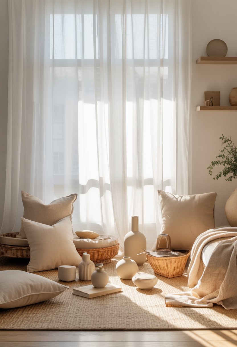A sunlit room with sheer white curtains and various small beige decorative items arranged around a cozy seating area.
