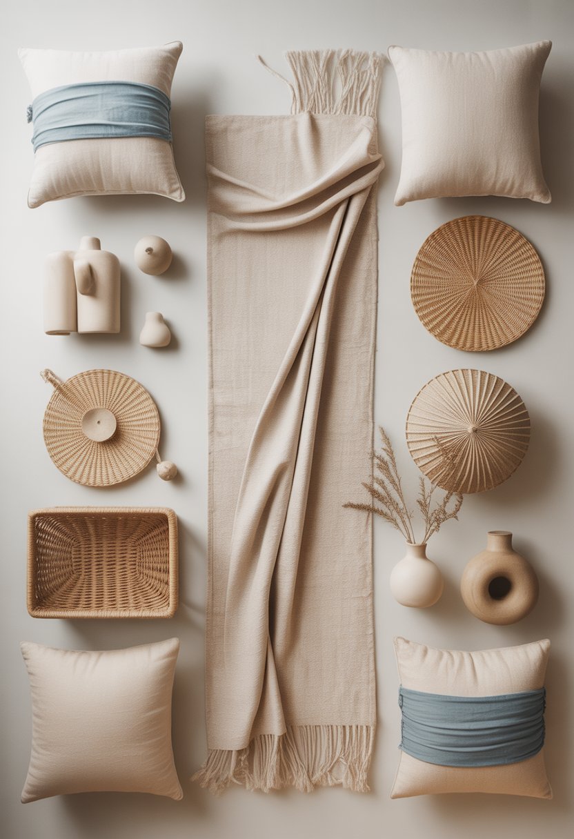 A calm interior scene with beige decor items and soft blue accents arranged on shelves and tables.