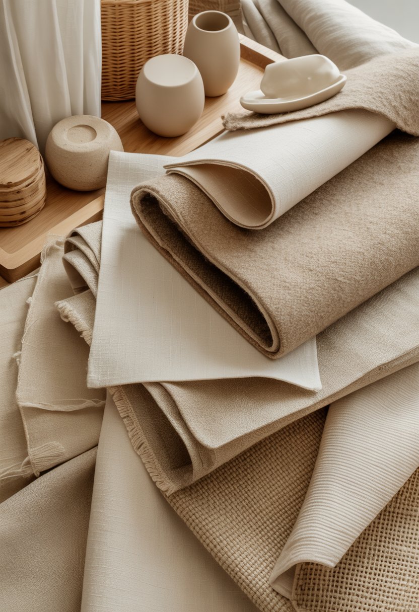 A close-up view of layered beige fabrics including linen and wool, arranged with small beige decorative objects on a neutral surface.